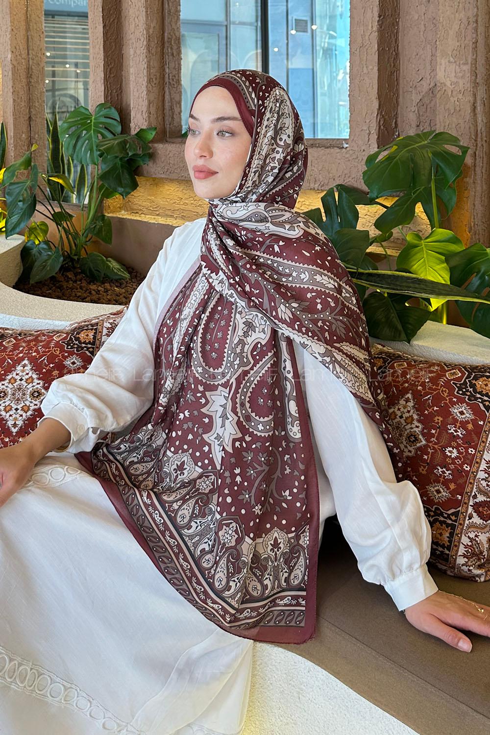 Lamelif Retro Desen Pamuk Şal Bordo