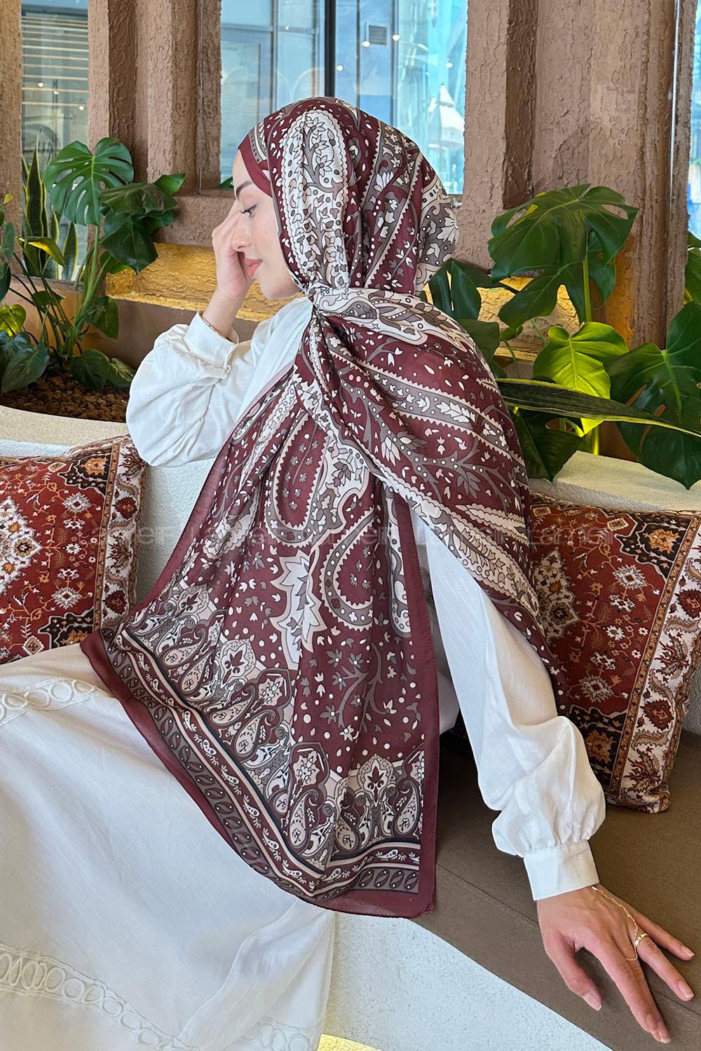 Lamelif Retro Desen Pamuk Şal Bordo