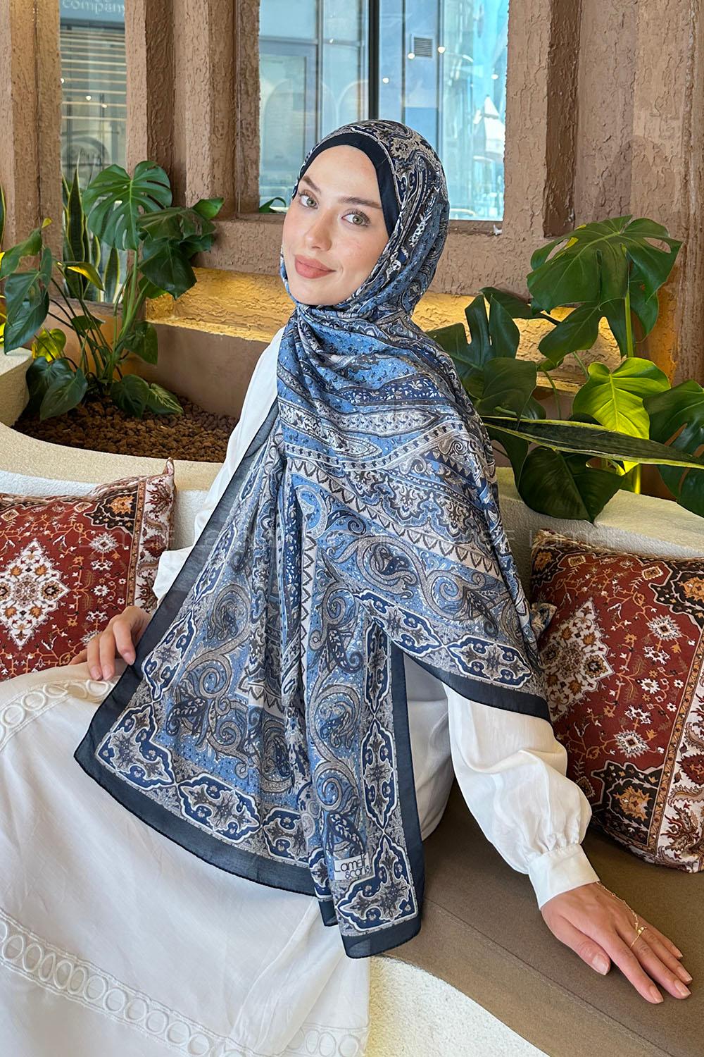 Lamelif Retro Desen Pamuk Şal Lacivert