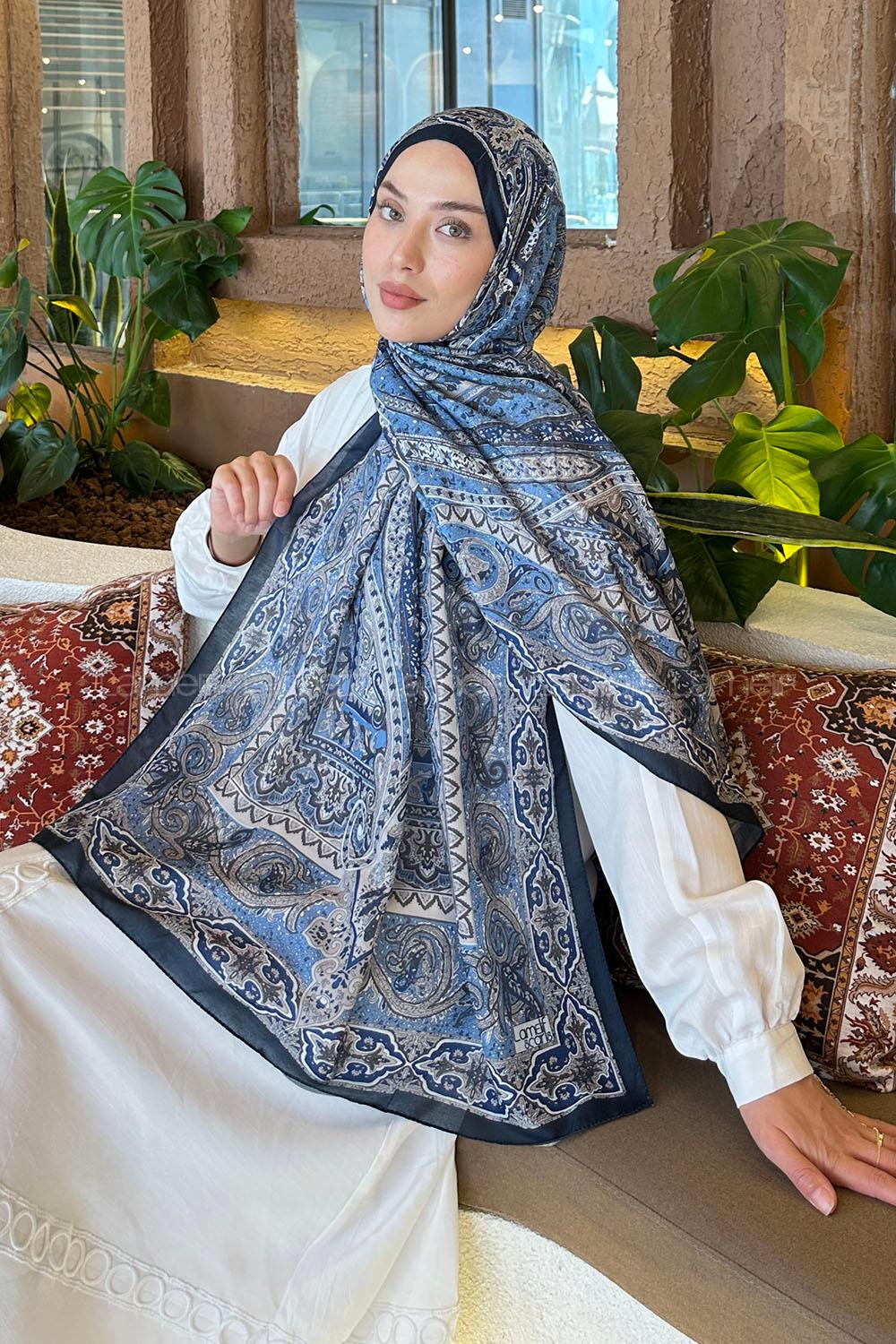 Lamelif Retro Desen Pamuk Şal Lacivert