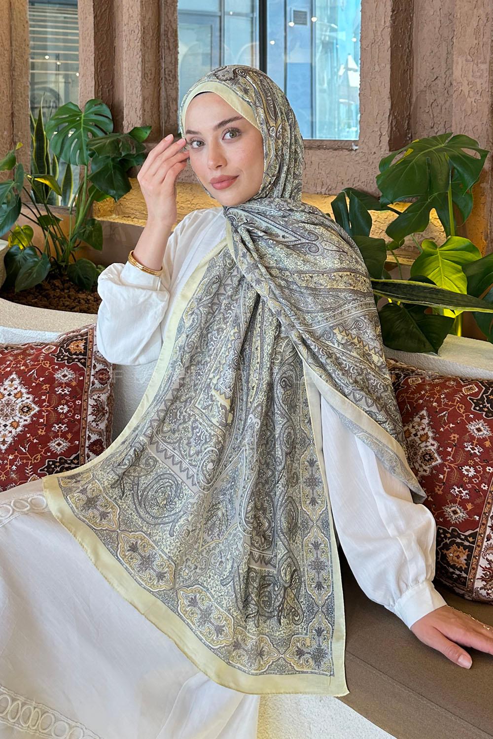 Lamelif Retro Desen Pamuk Şal Sarı