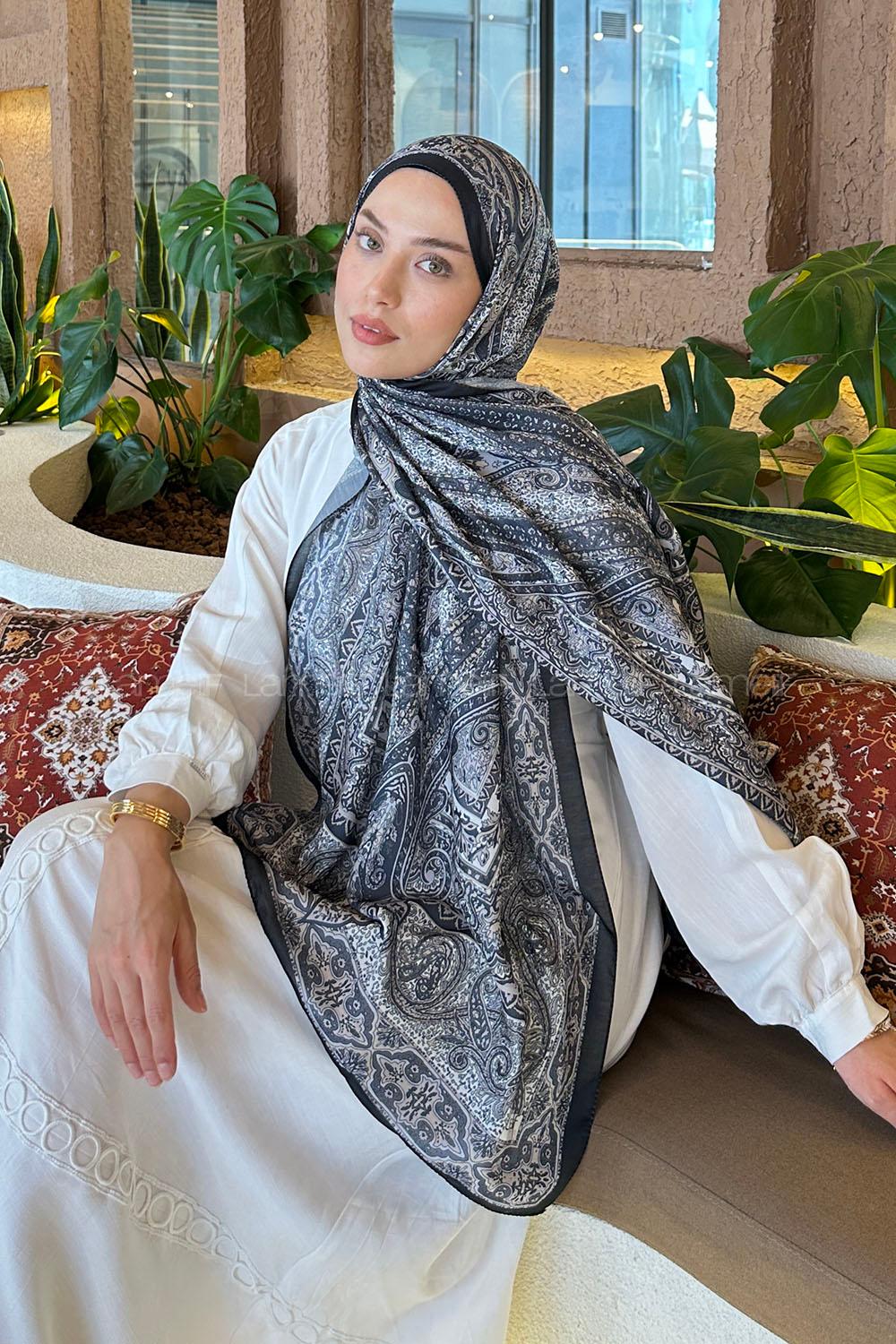 Lamelif Retro Desen Pamuk Şal Siyah-Vizon