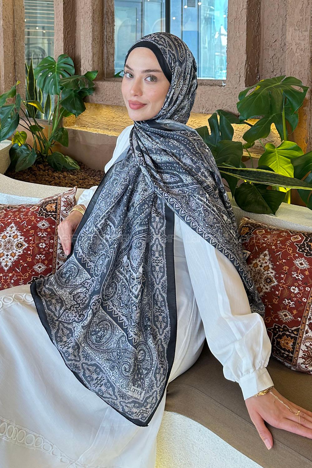 Lamelif Retro Desen Pamuk Şal Siyah-Vizon