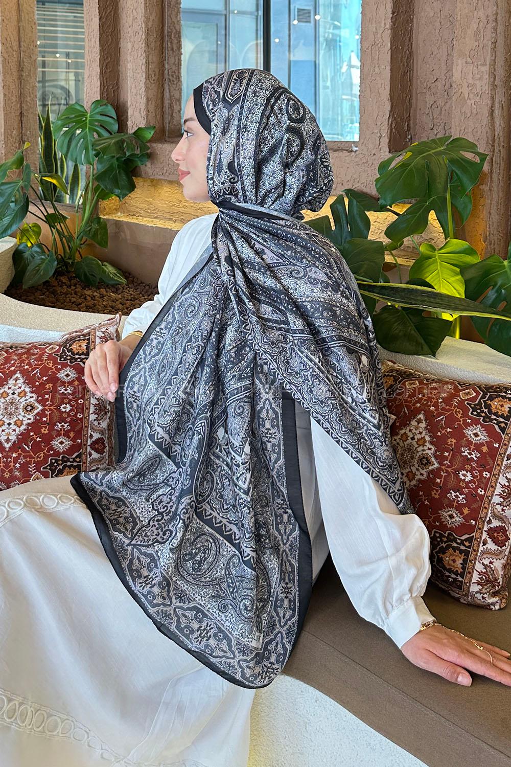 Lamelif Retro Desen Pamuk Şal Siyah-Vizon