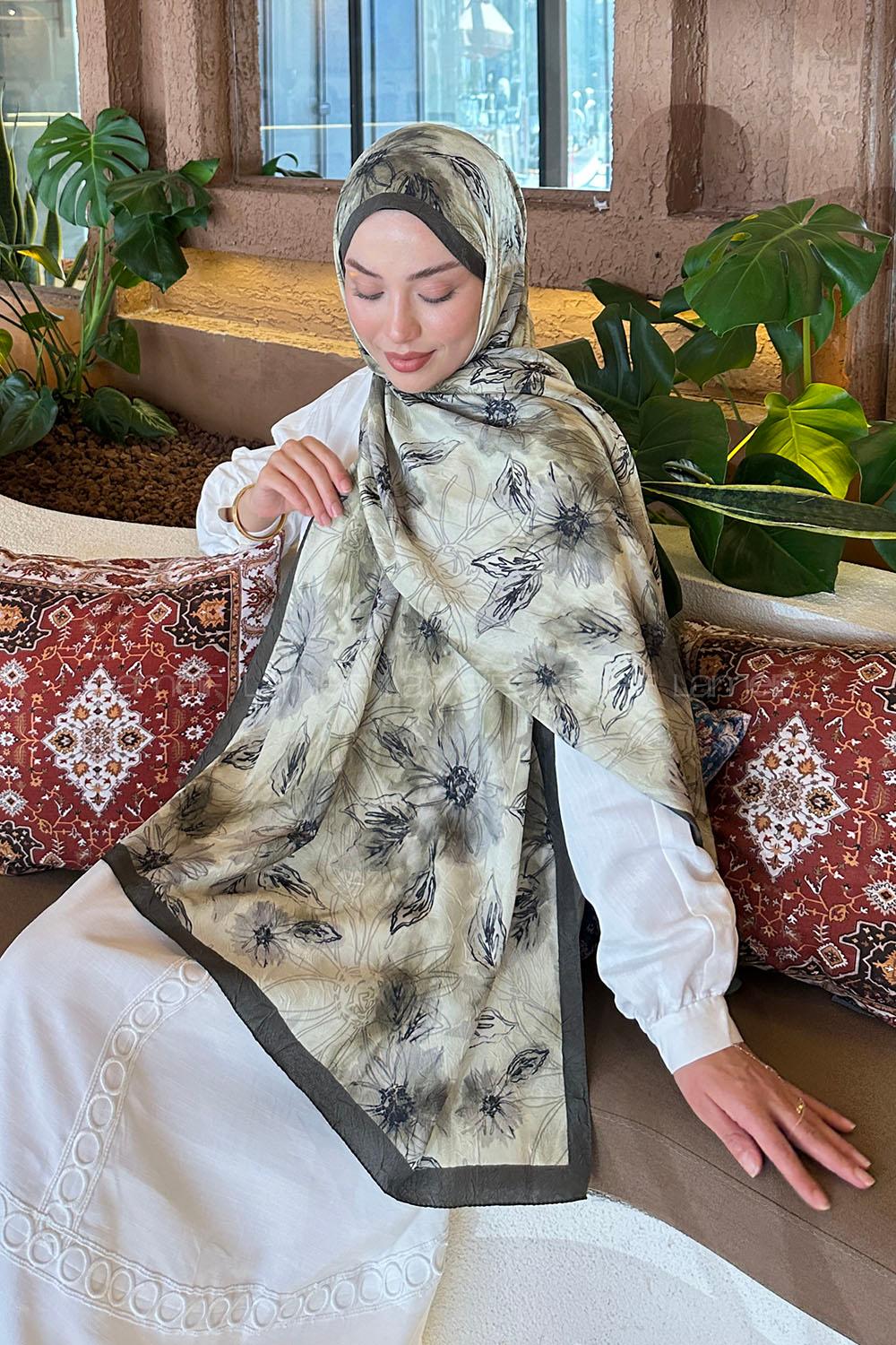 Anatolian Black Cotton Fabric Flowering Printed Shawl