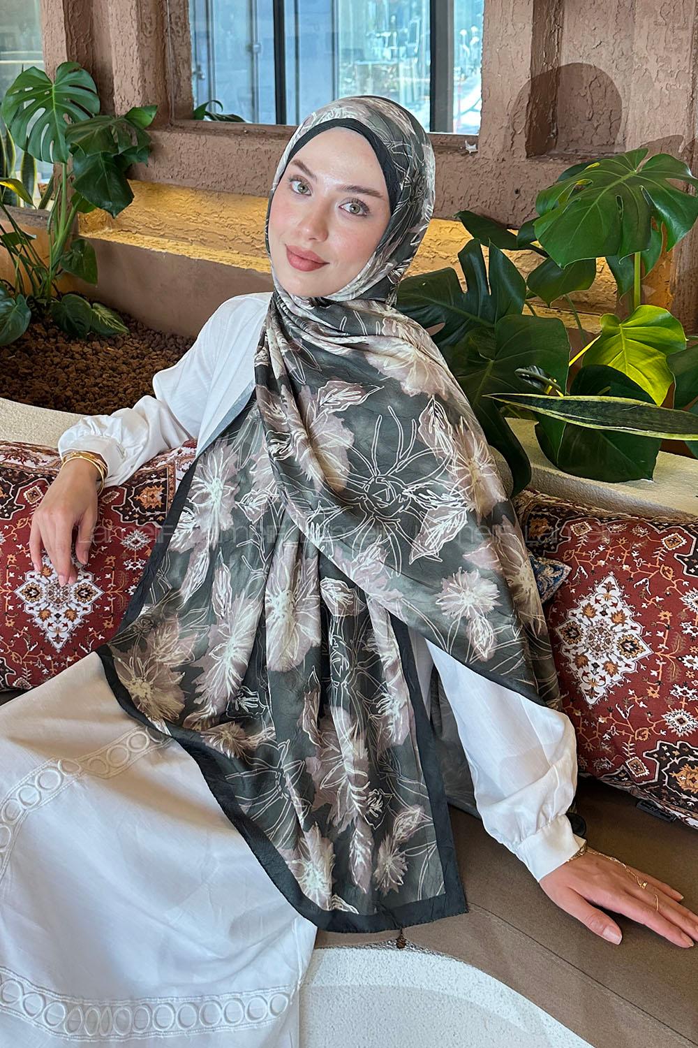 Khaki Cotton Fabric Flowering Printed Shawl