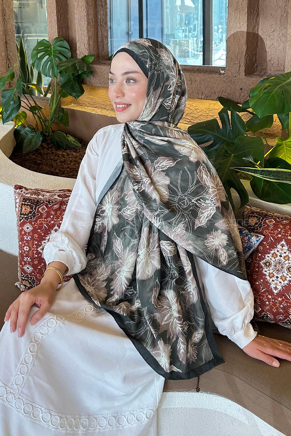 Khaki Cotton Fabric Flowering Printed Shawl