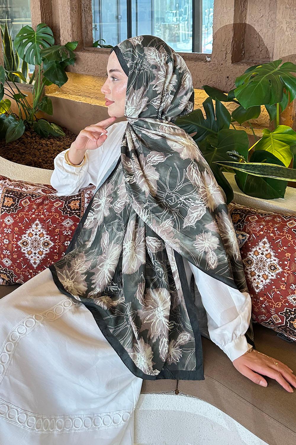 Khaki Cotton Fabric Flowering Printed Shawl
