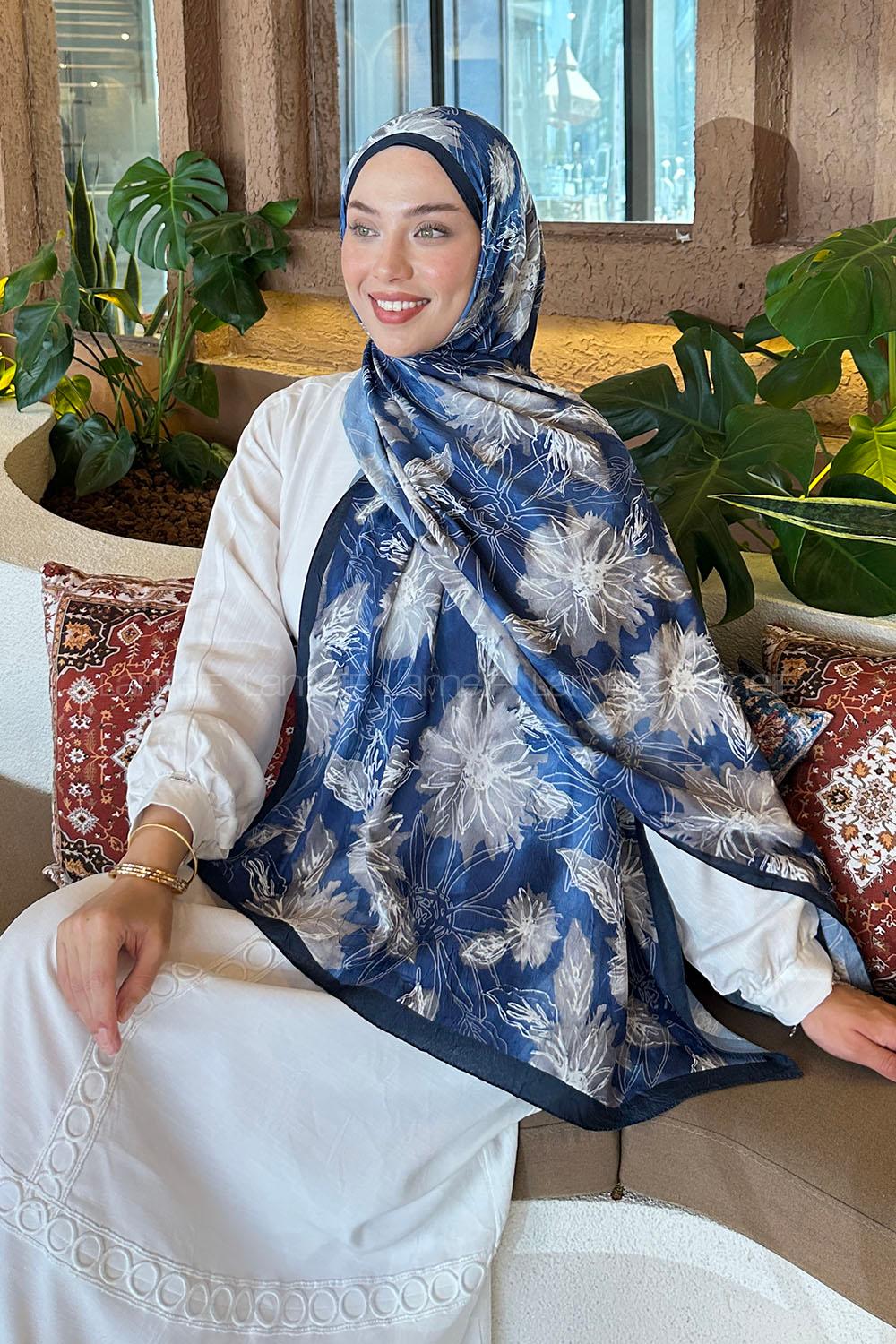 Navy Blue Cotton Fabric Flowering Printed Shawl