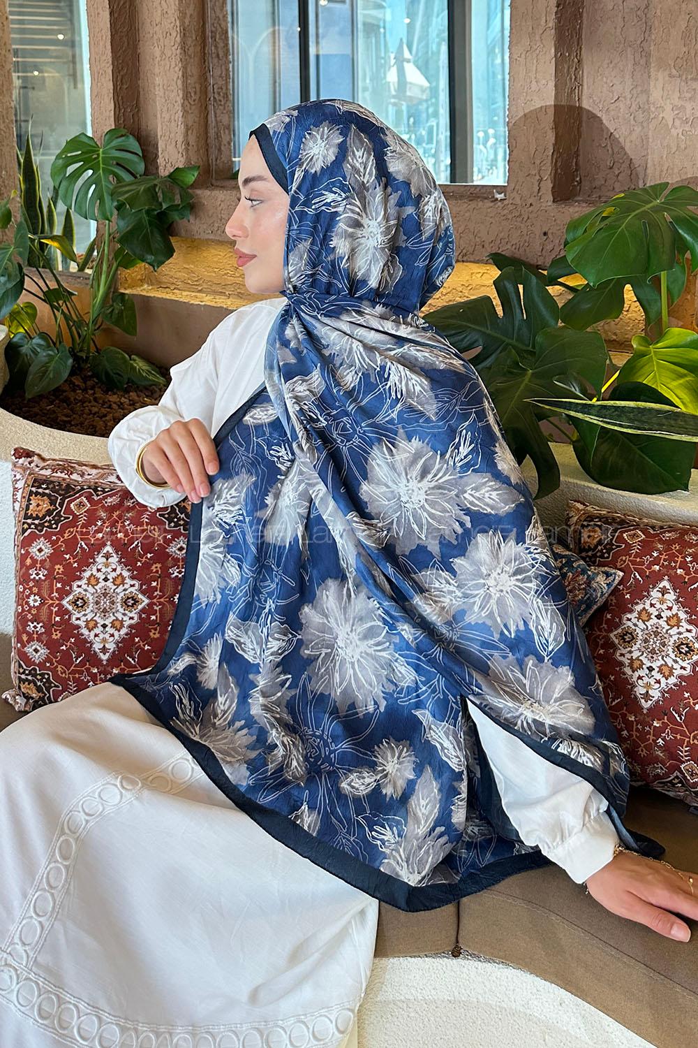 Navy Blue Cotton Fabric Flowering Printed Shawl