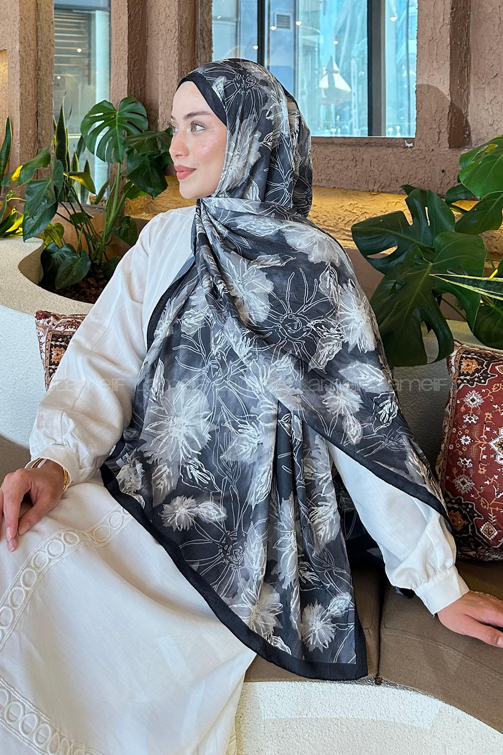 Black Cotton Fabric Flowering Printed Shawl