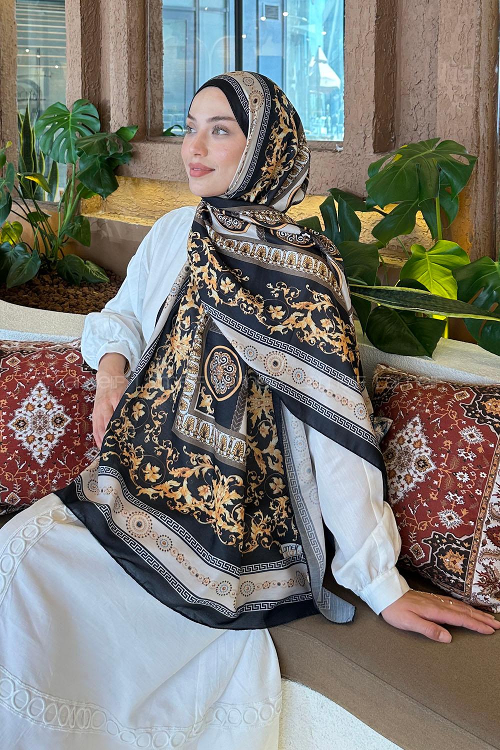 Lamelif Versa Desen Pamuk Şal Siyah Bej