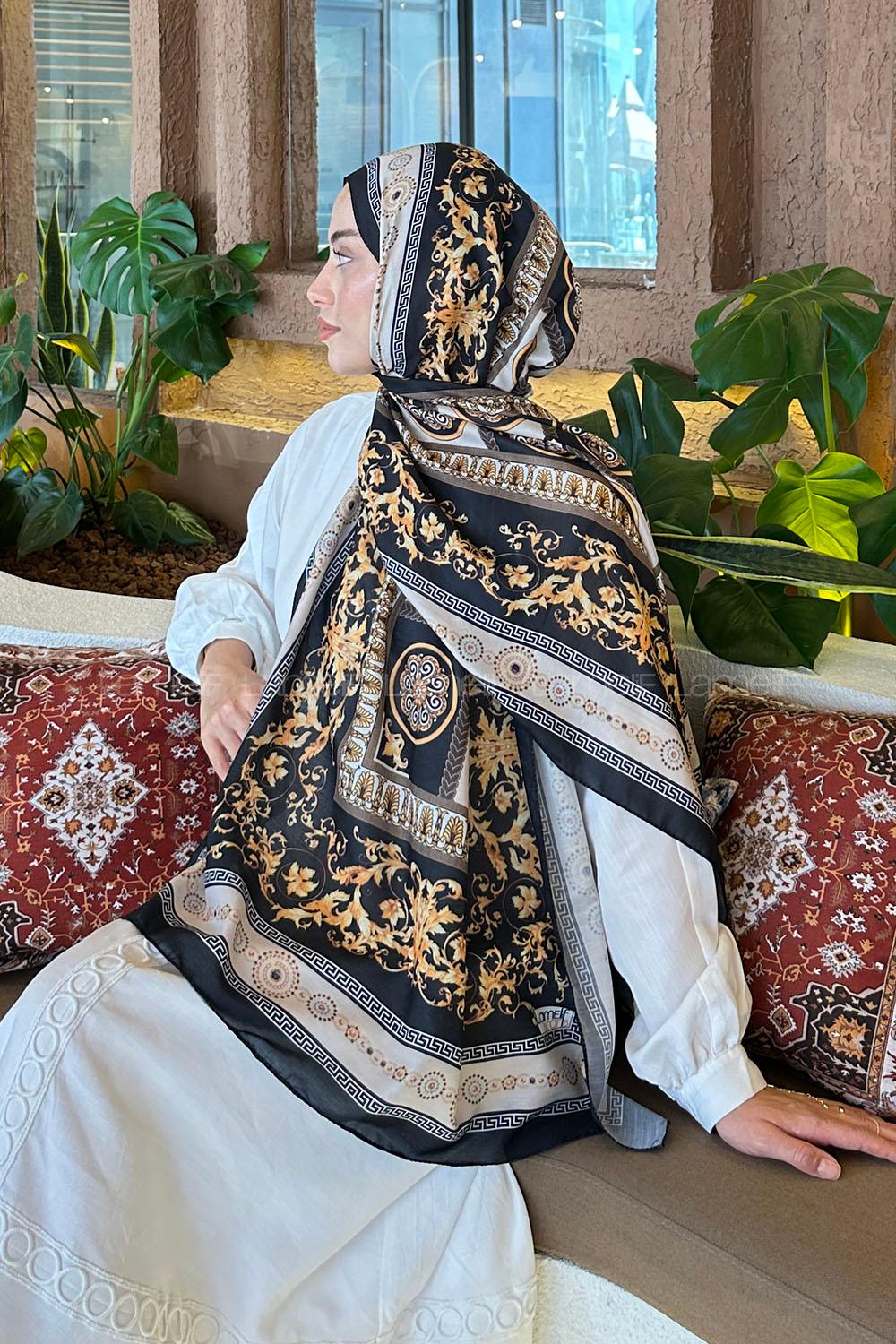 Lamelif Versa Desen Pamuk Şal Siyah Bej