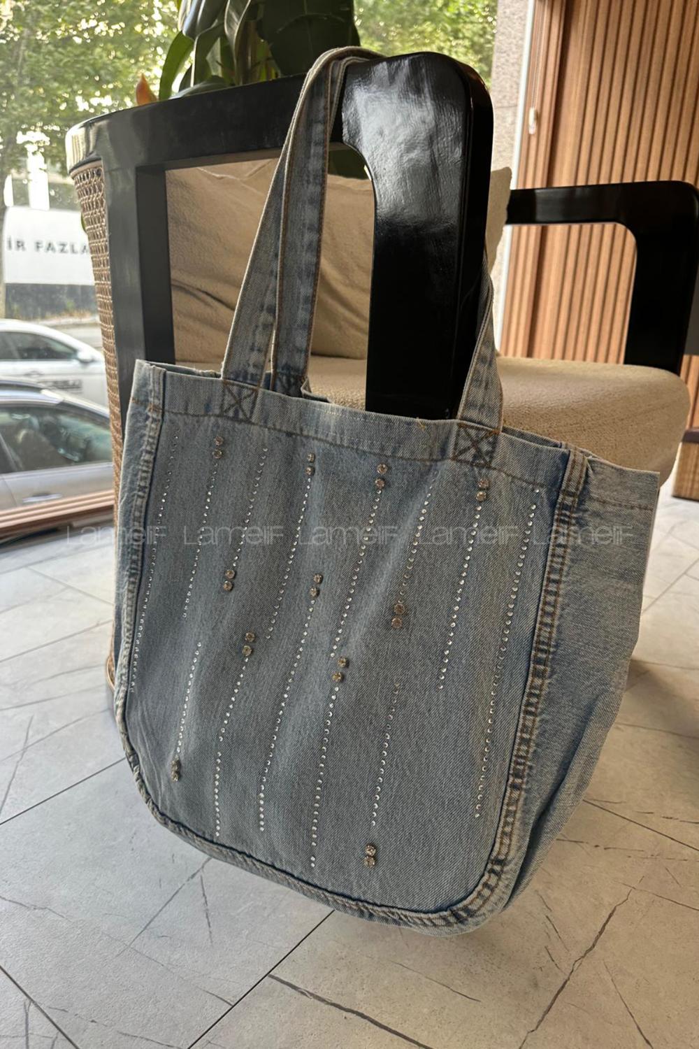 Lamelif Yıkamalı Düz Taş İşlemeli Kot Cırt Kapamalı Çanta