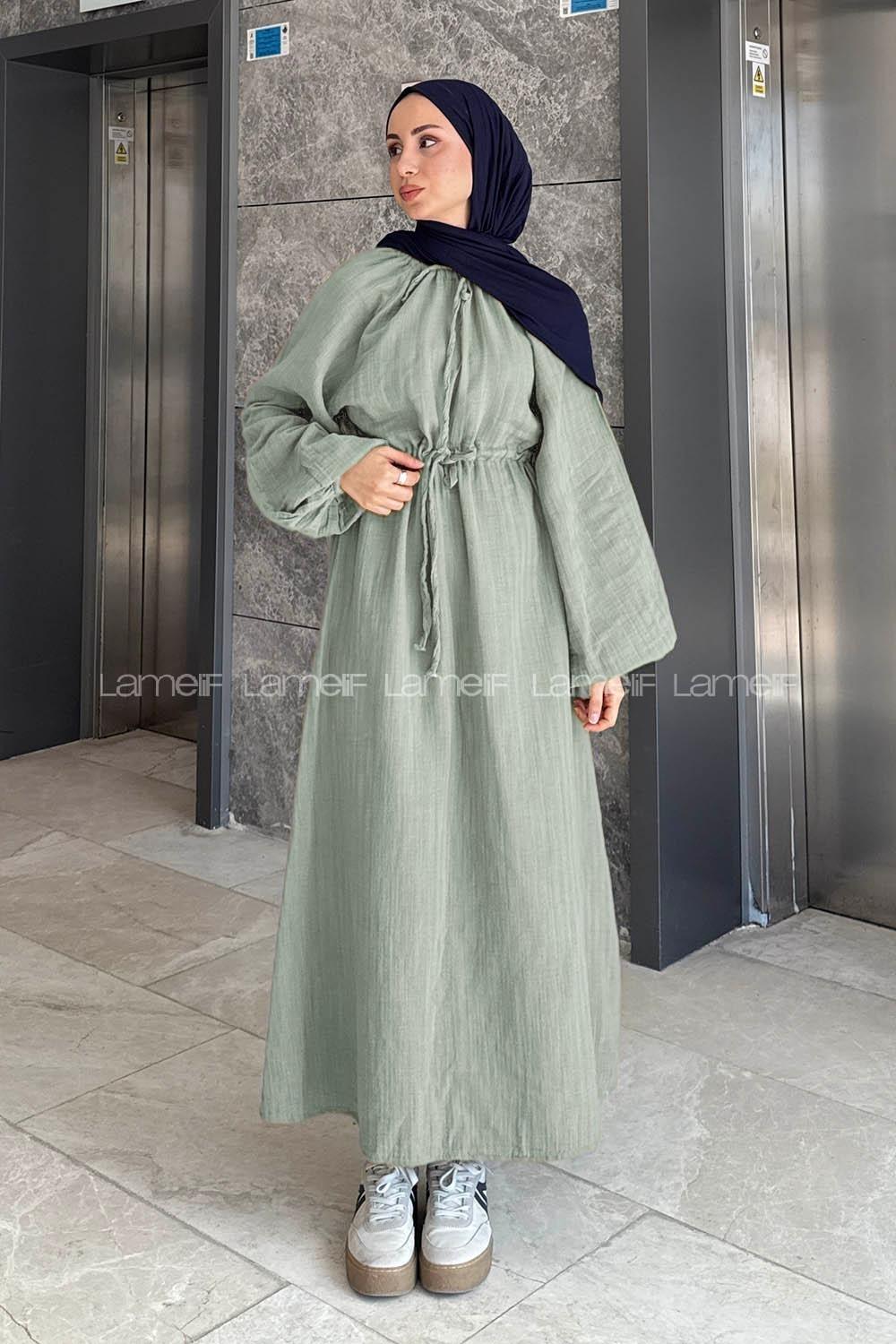 Plum Green Loose Crew Neck Linen Dresess