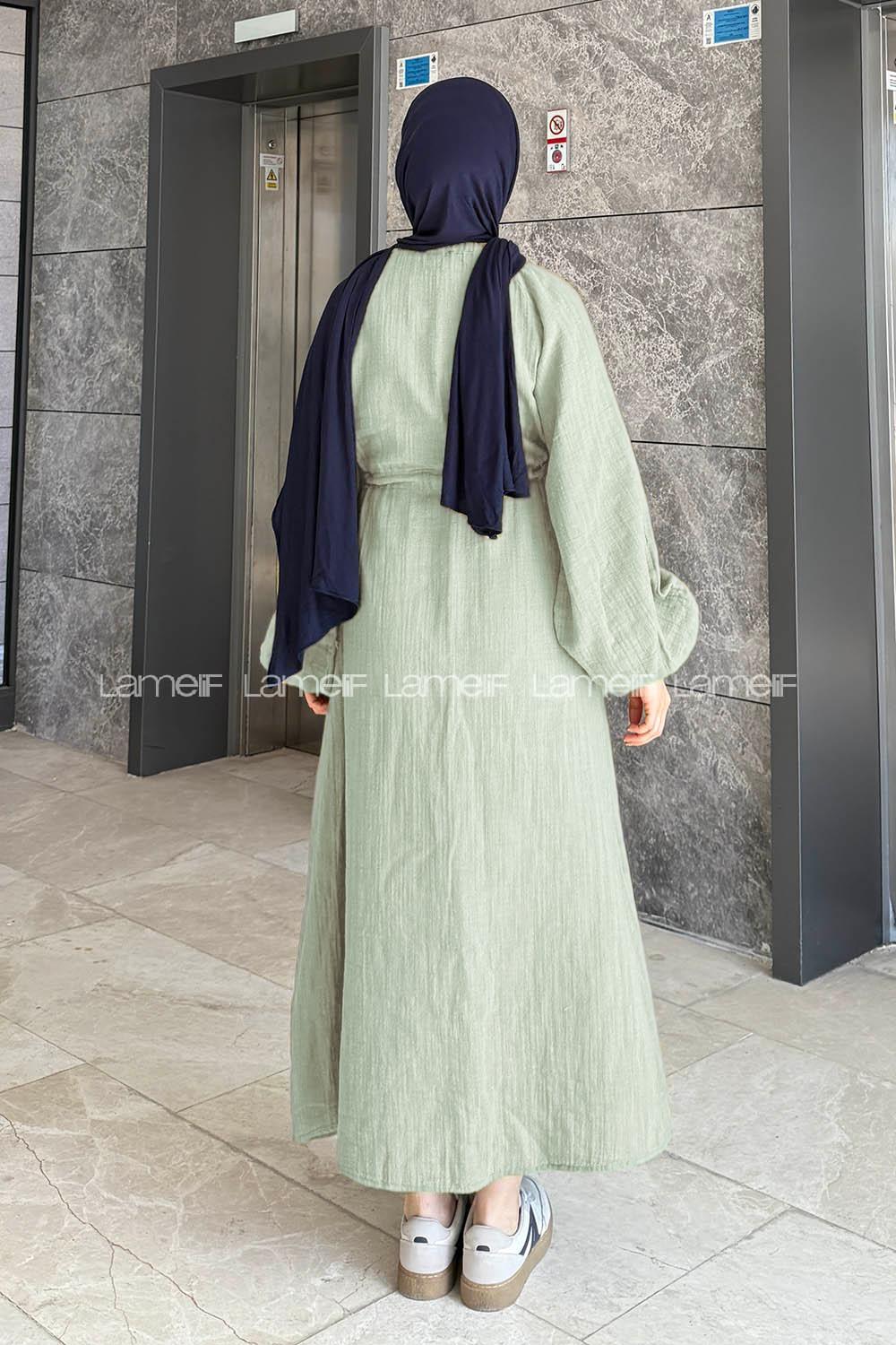 Plum Green Loose Crew Neck Linen Dresess