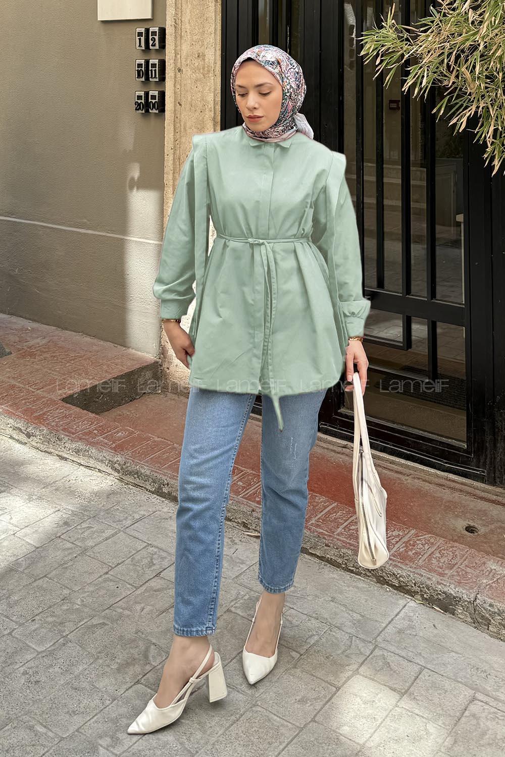 Lamelif Bel Bağlamalı Omuz Vatkalı Gömlek Mint Yeşili