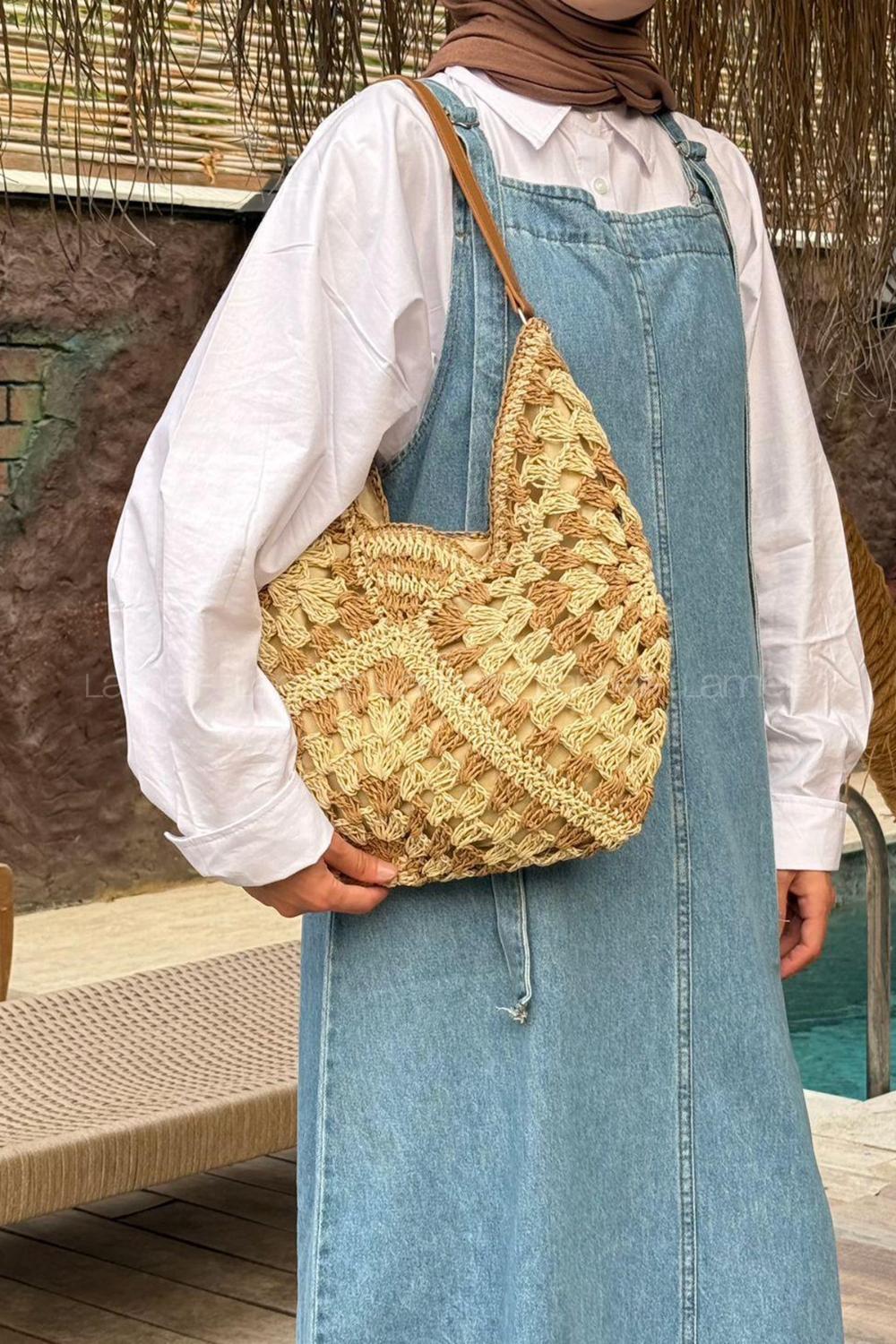 Lamelif  DESENLİ HASIR KOLKADIN ÇANTASI BEJ 