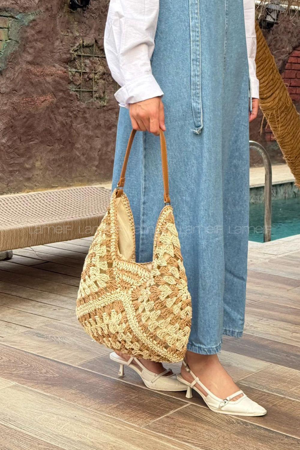 Lamelif  DESENLİ HASIR KOLKADIN ÇANTASI BEJ 