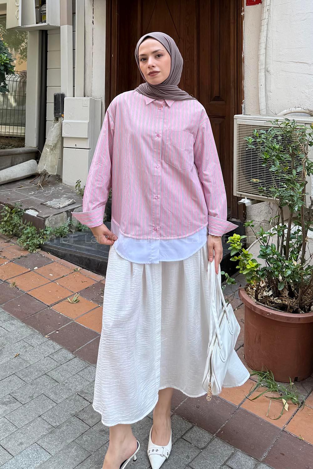 Lamelif Etek Parçalı Çizgili Gömlek Pembe