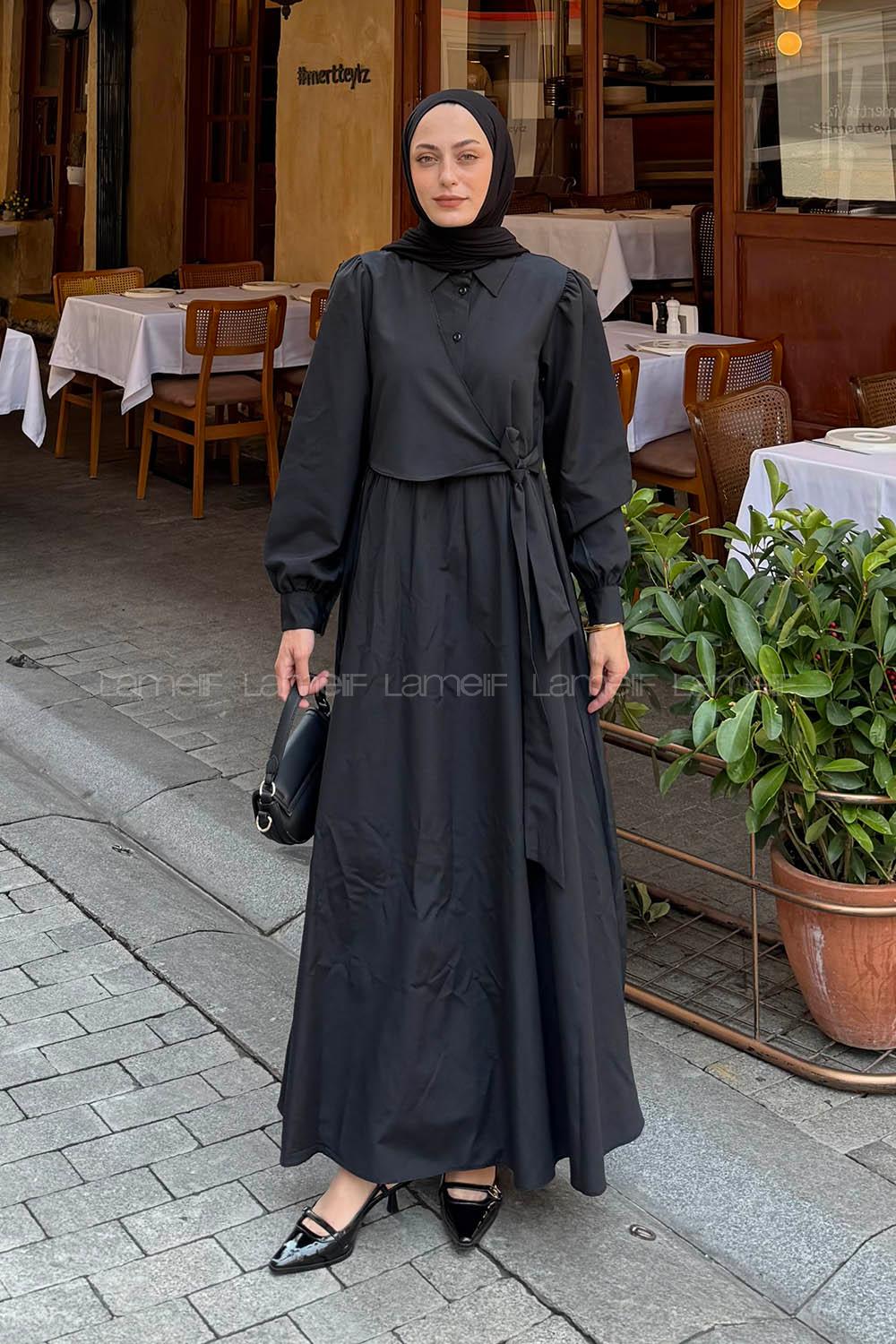 Lamelif Kuşaklı Terikoton Elbise Siyah