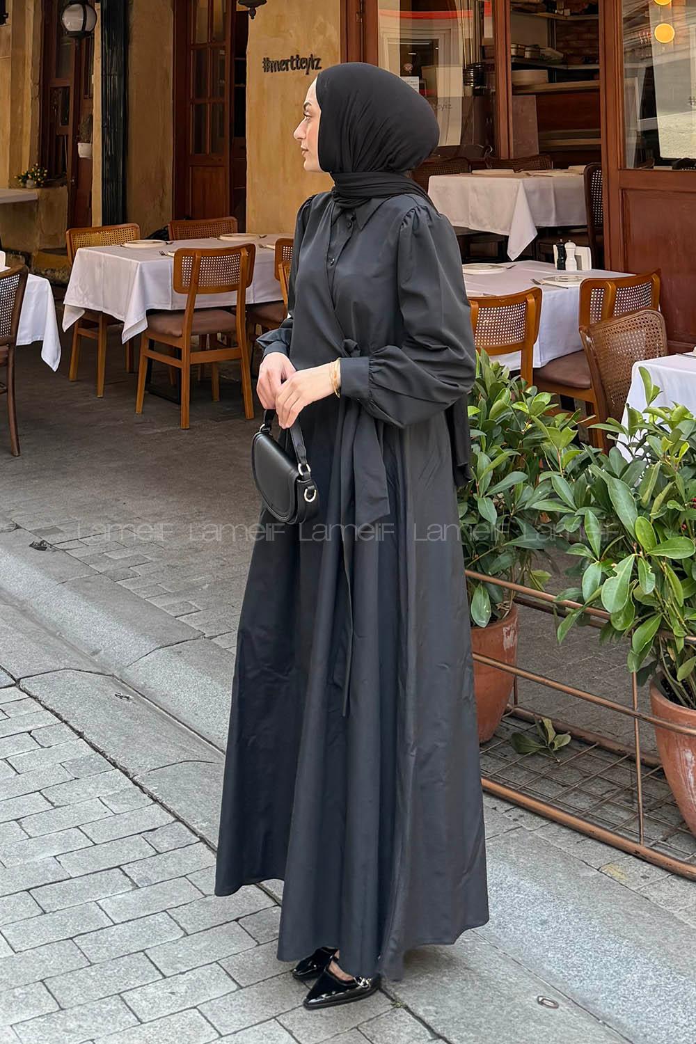 Lamelif Kuşaklı Terikoton Elbise Siyah