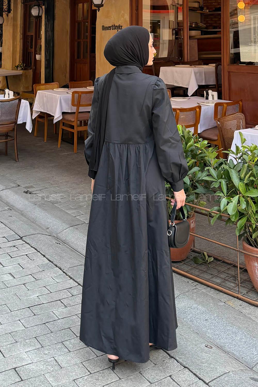 Lamelif Kuşaklı Terikoton Elbise Siyah