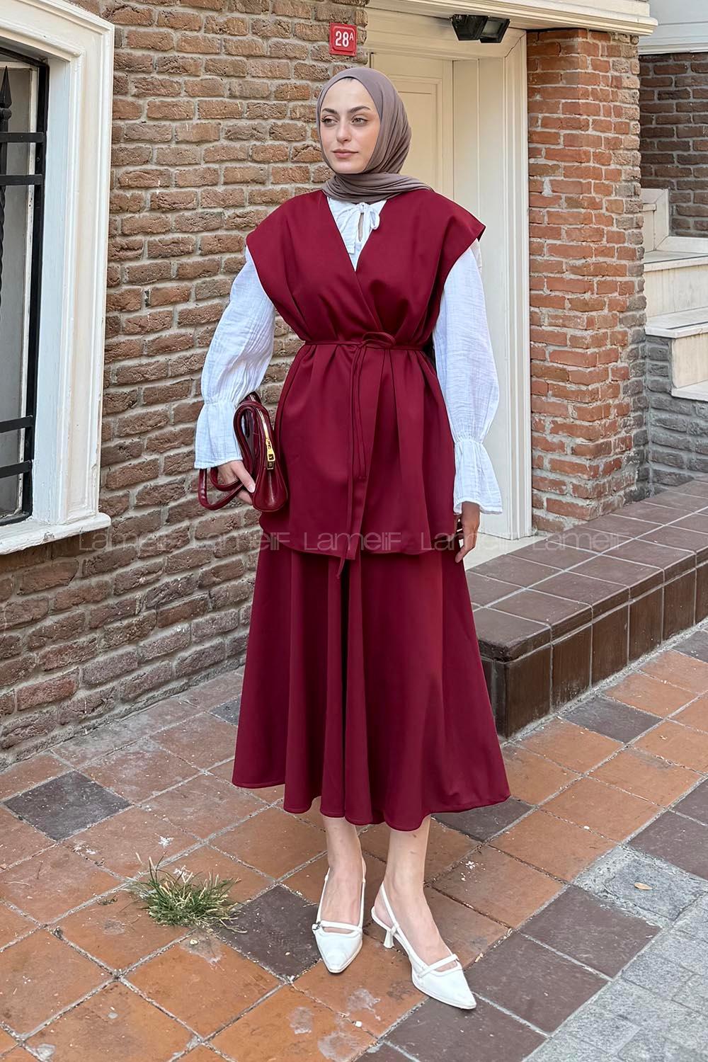 Lamelif Yelek-Etek İkili Tesettür Takım Bordo