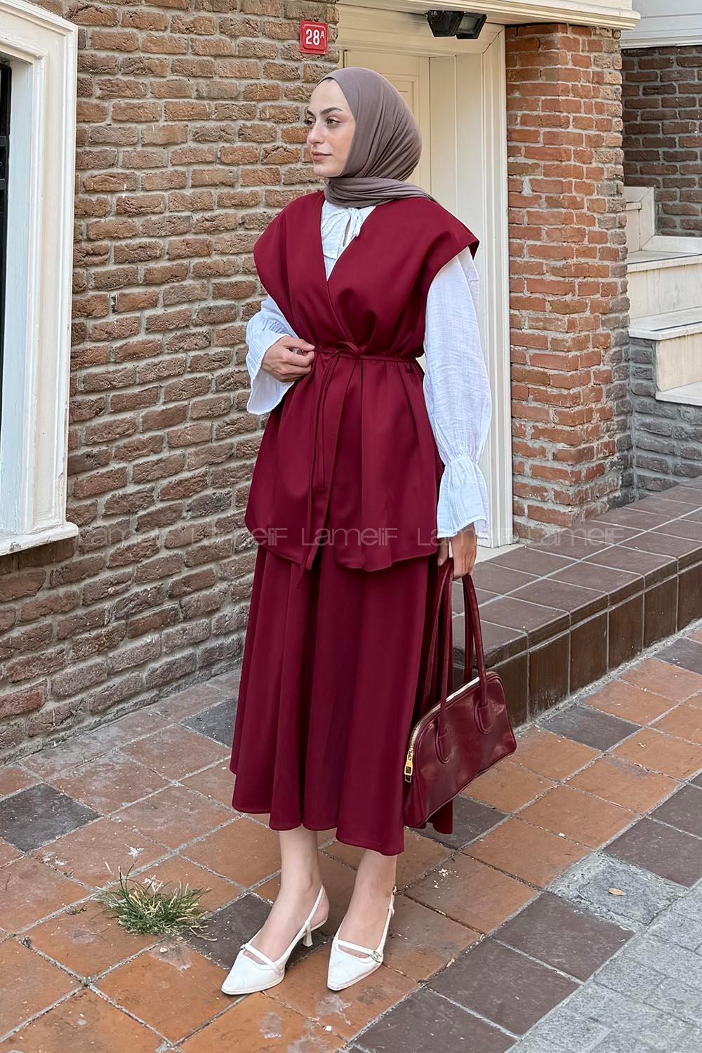 Lamelif Yelek-Etek İkili Tesettür Takım Bordo