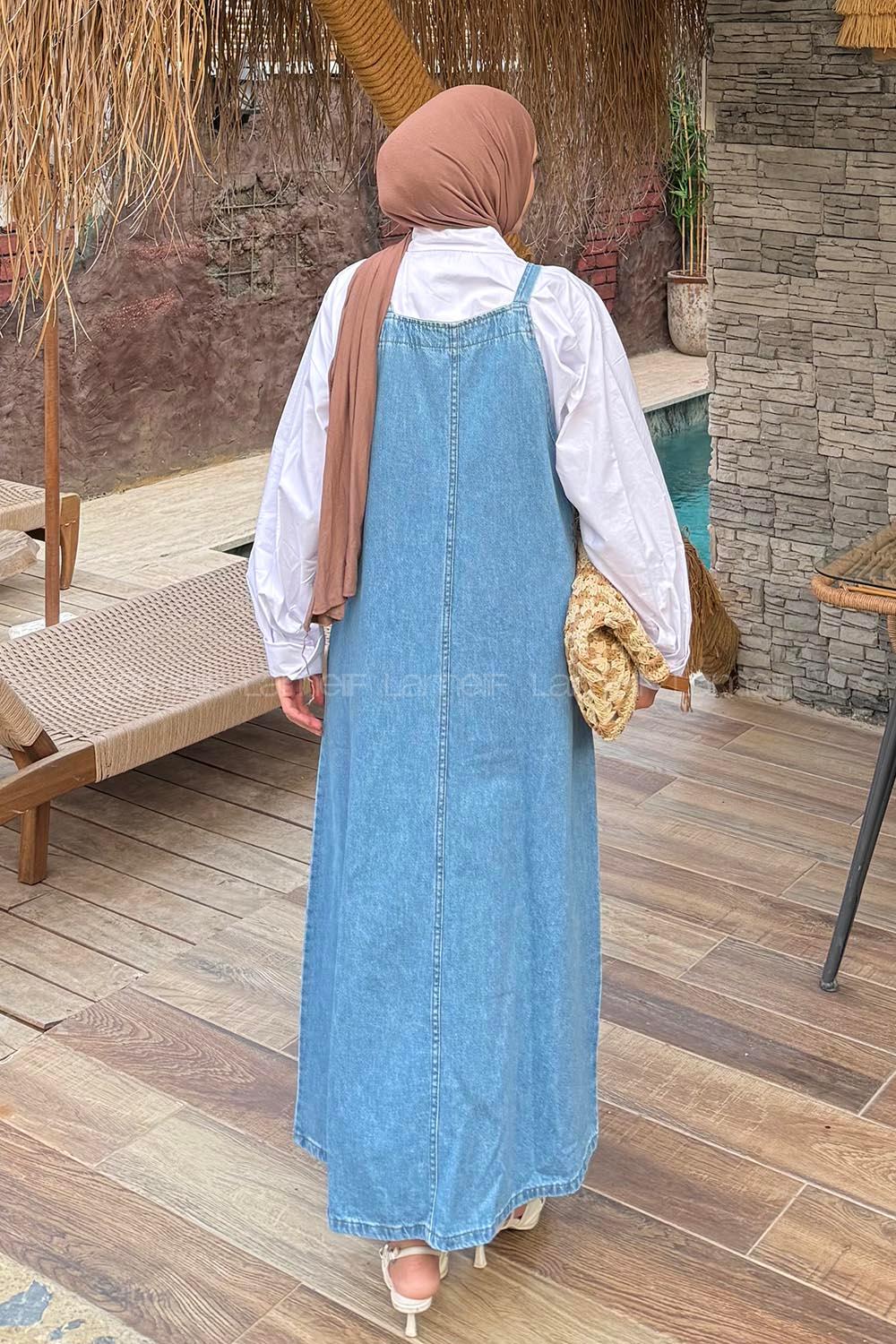 Lamelif Askılı Denim Salopet Elbise Mavi