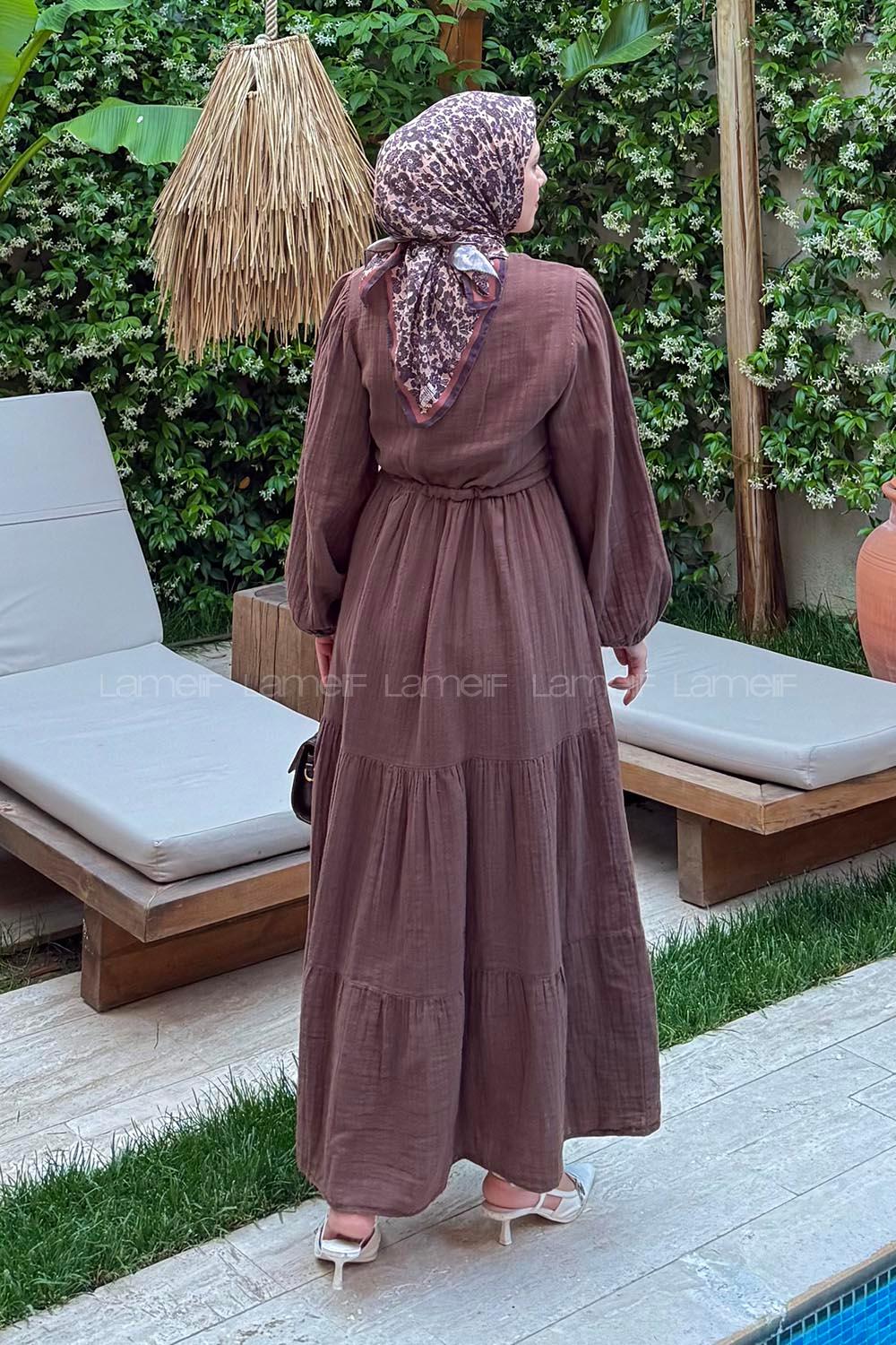 Lamelif Bel Büzgülü Tesettür Elbise  Acı Kahve