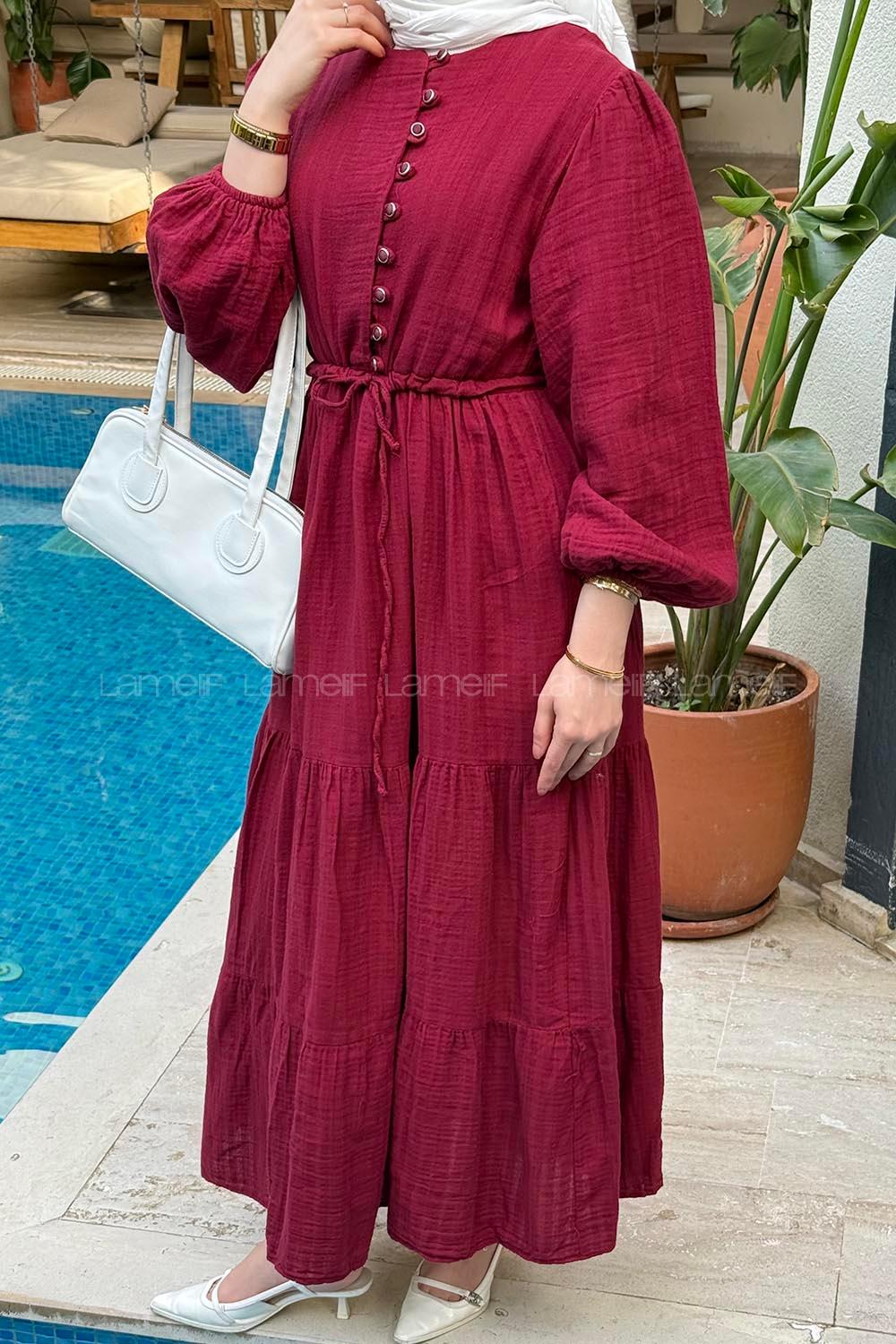 Lamelif Bel Büzgülü Tesettür Elbise  Bordo