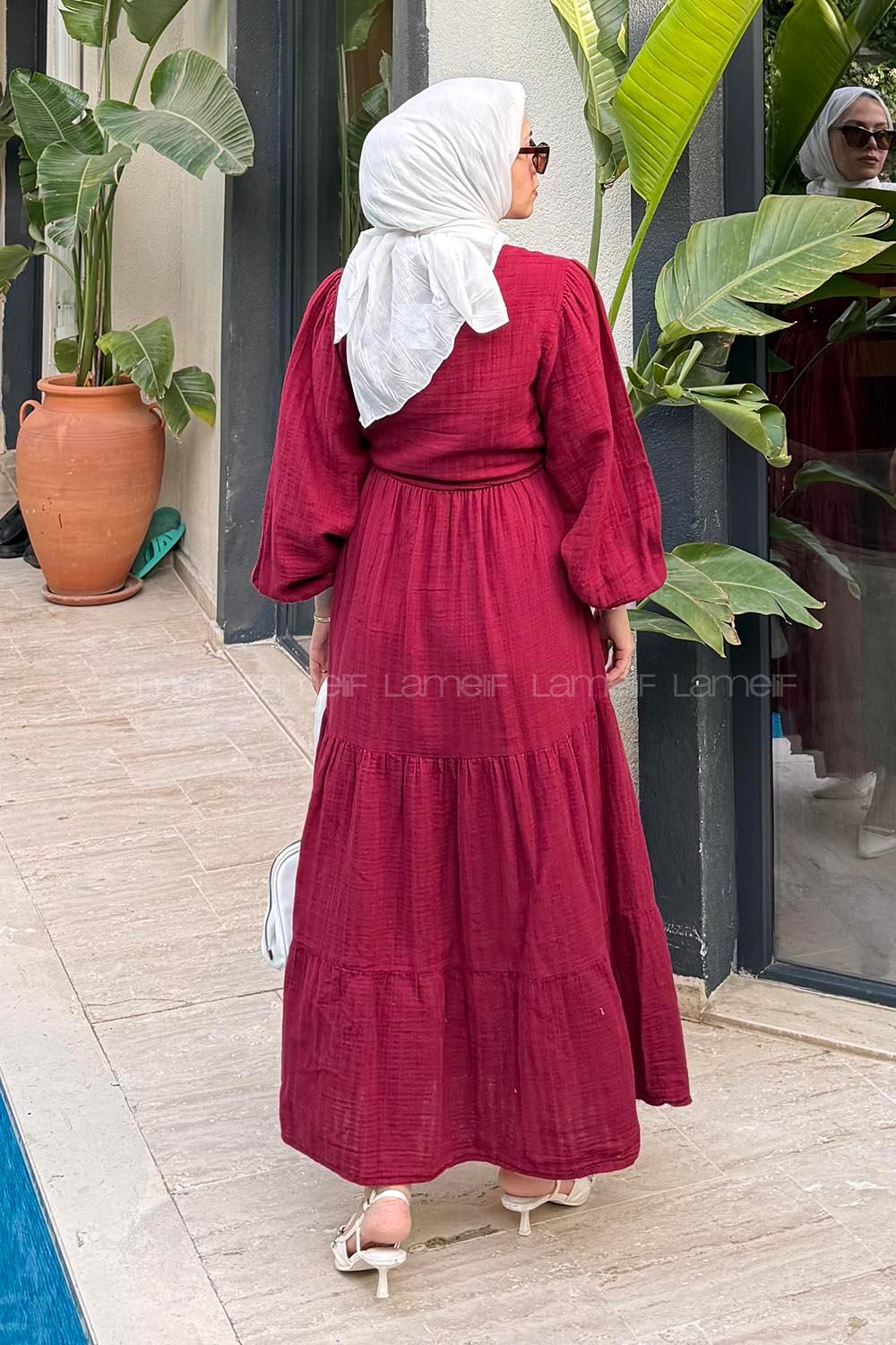 Lamelif Bel Büzgülü Tesettür Elbise  Bordo