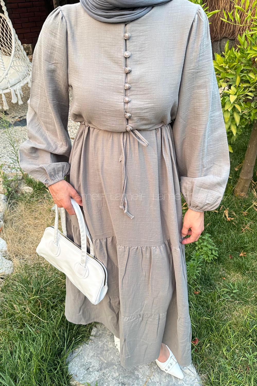 Lamelif Bel Büzgülü Tesettür Elbise  Gri