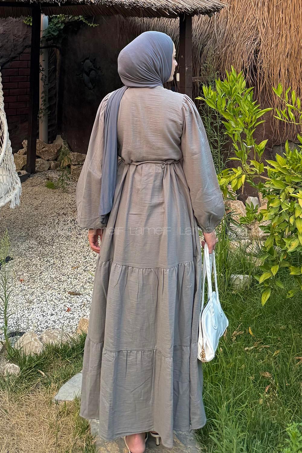 Lamelif Bel Büzgülü Tesettür Elbise  Gri