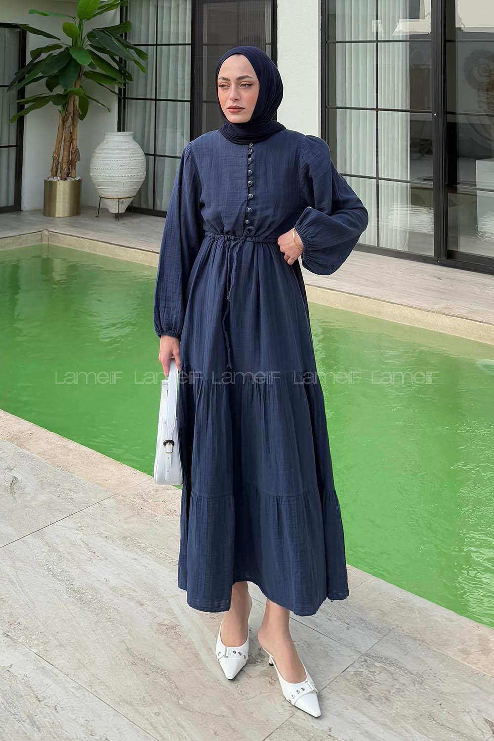 Lamelif Bel Büzgülü Tesettür Elbise  Lacivert