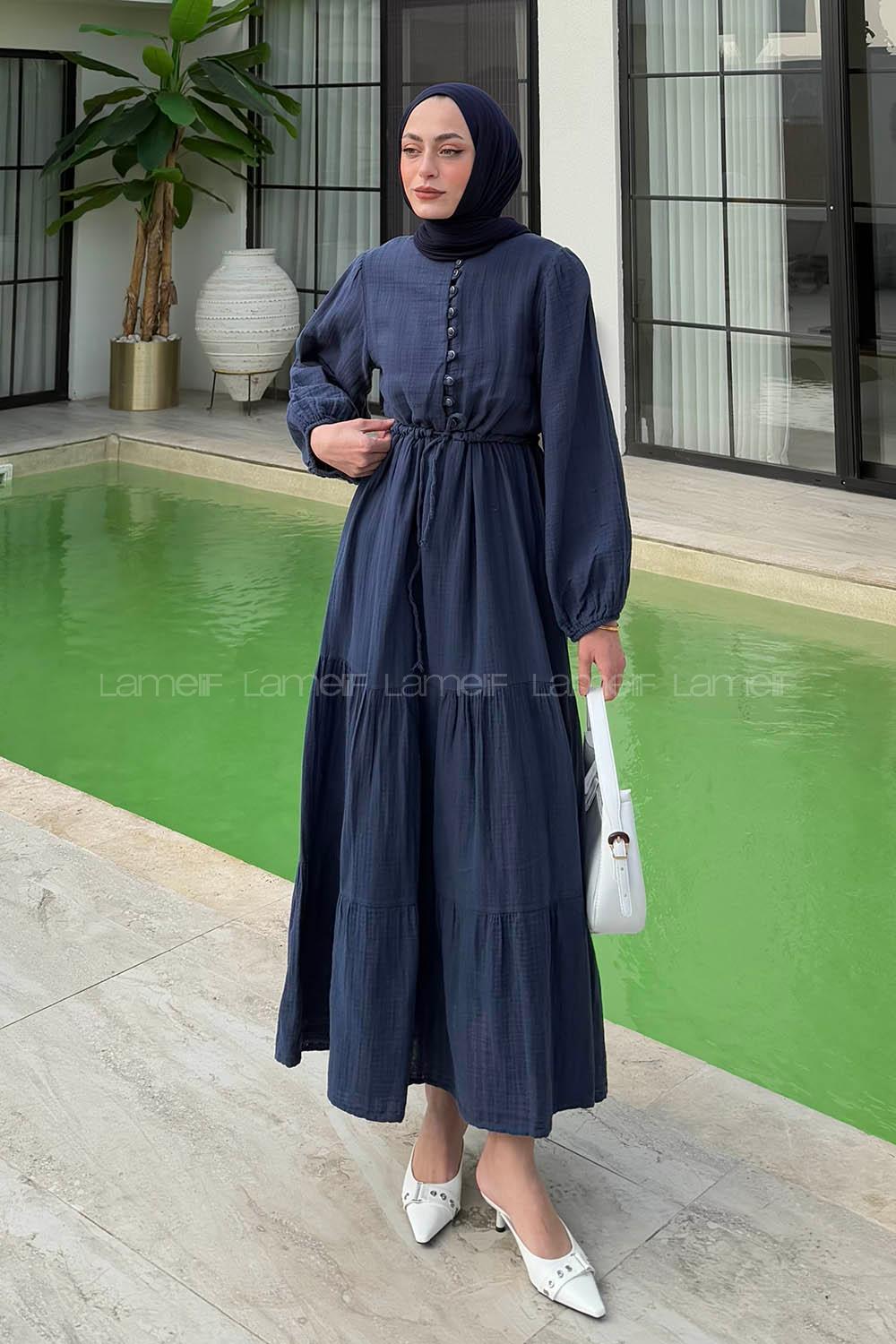 Lamelif Bel Büzgülü Tesettür Elbise  Lacivert