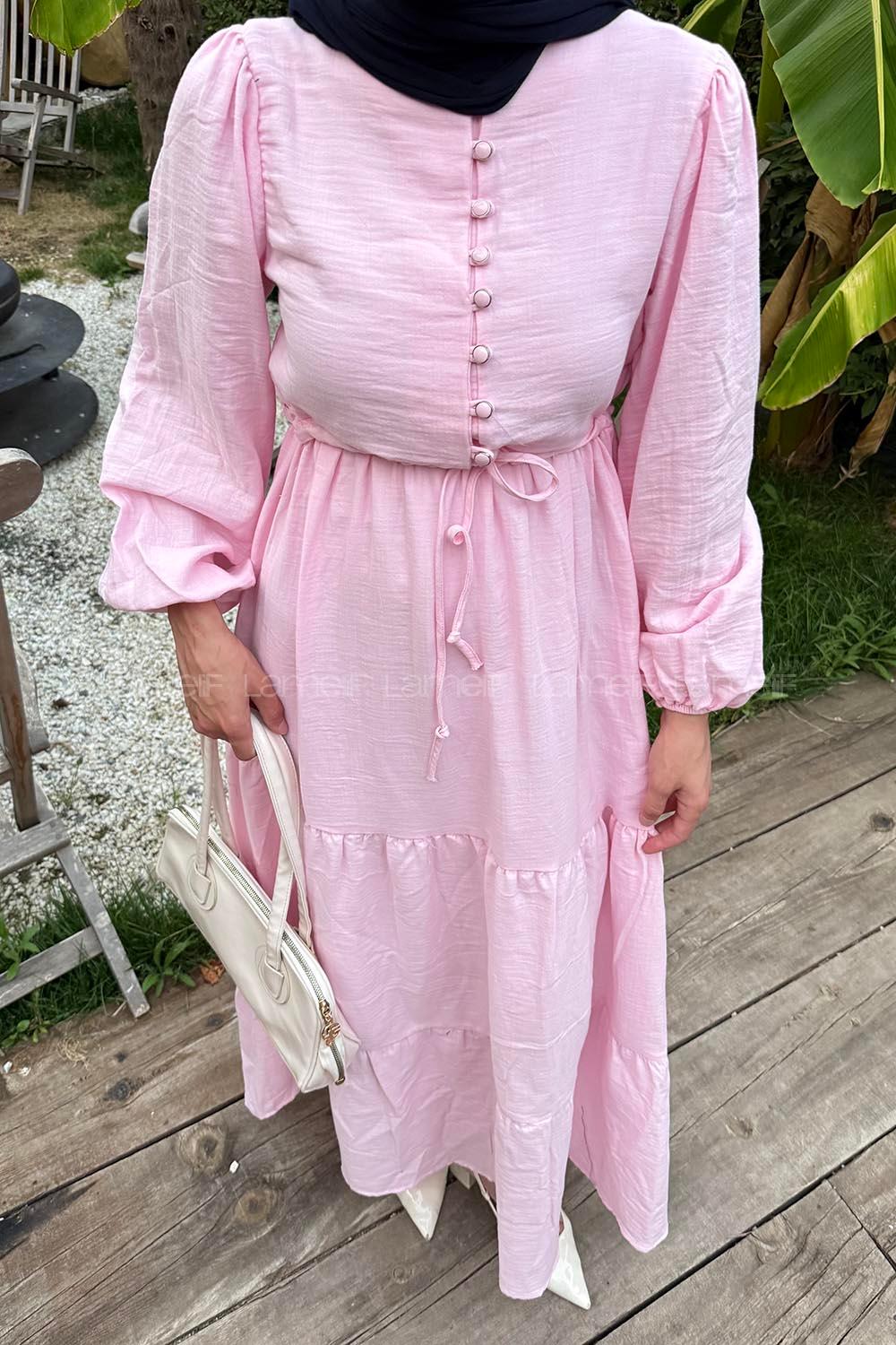 Lamelif Bel Büzgülü Tesettür Elbise  Pembe