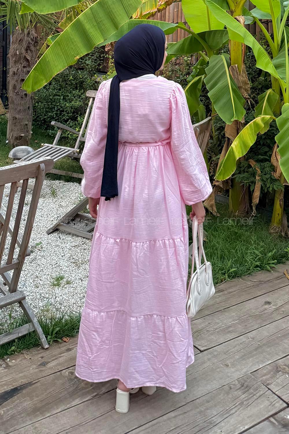 Lamelif Bel Büzgülü Tesettür Elbise  Pembe
