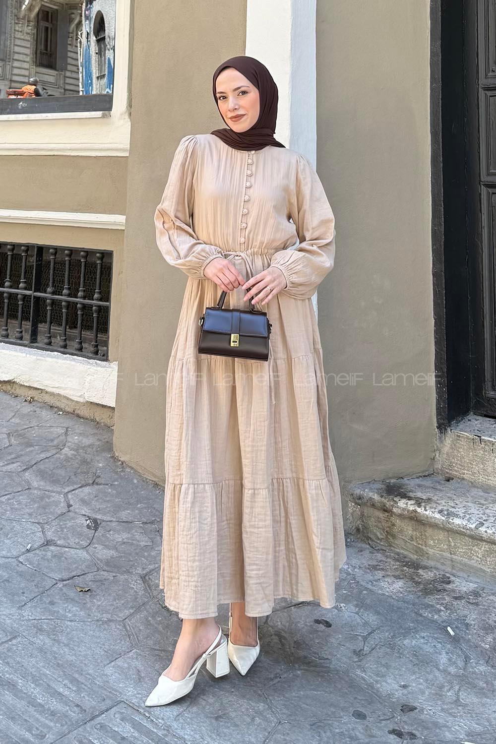 Lamelif Bel Büzgülü Tesettür Elbise  Sütlü Kahve