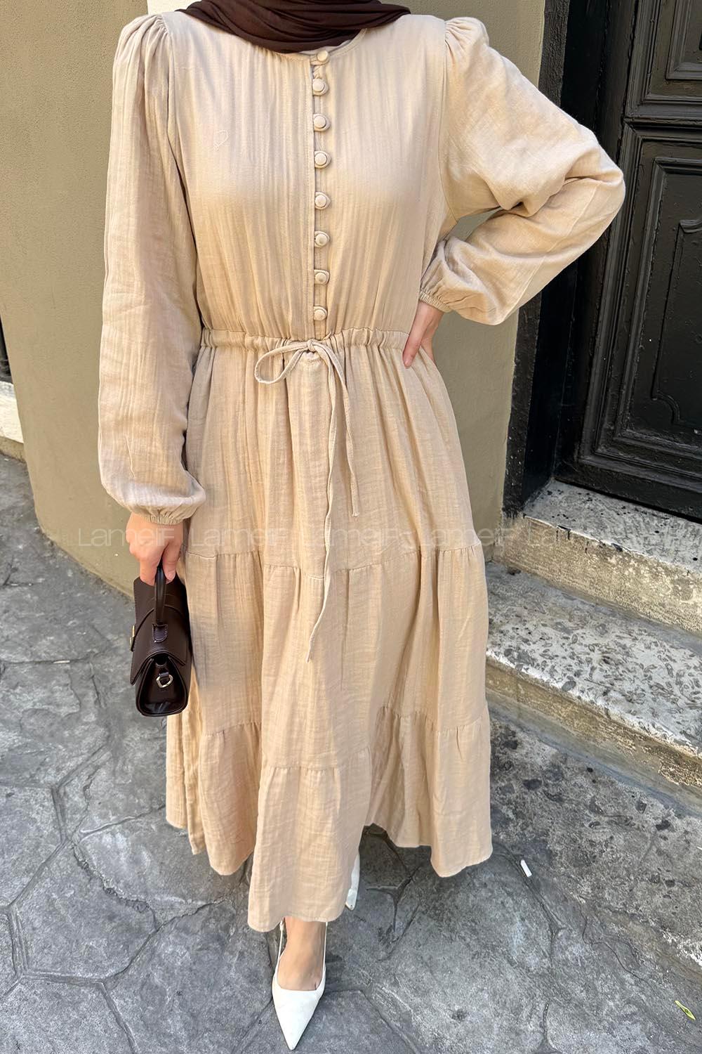 Lamelif Bel Büzgülü Tesettür Elbise  Sütlü Kahve