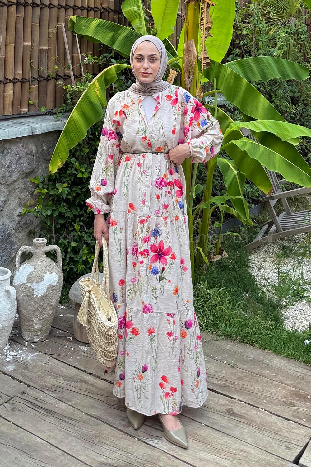 Lamelif Bohem Çiçek Desenli Tesettür Elbise Eflatun