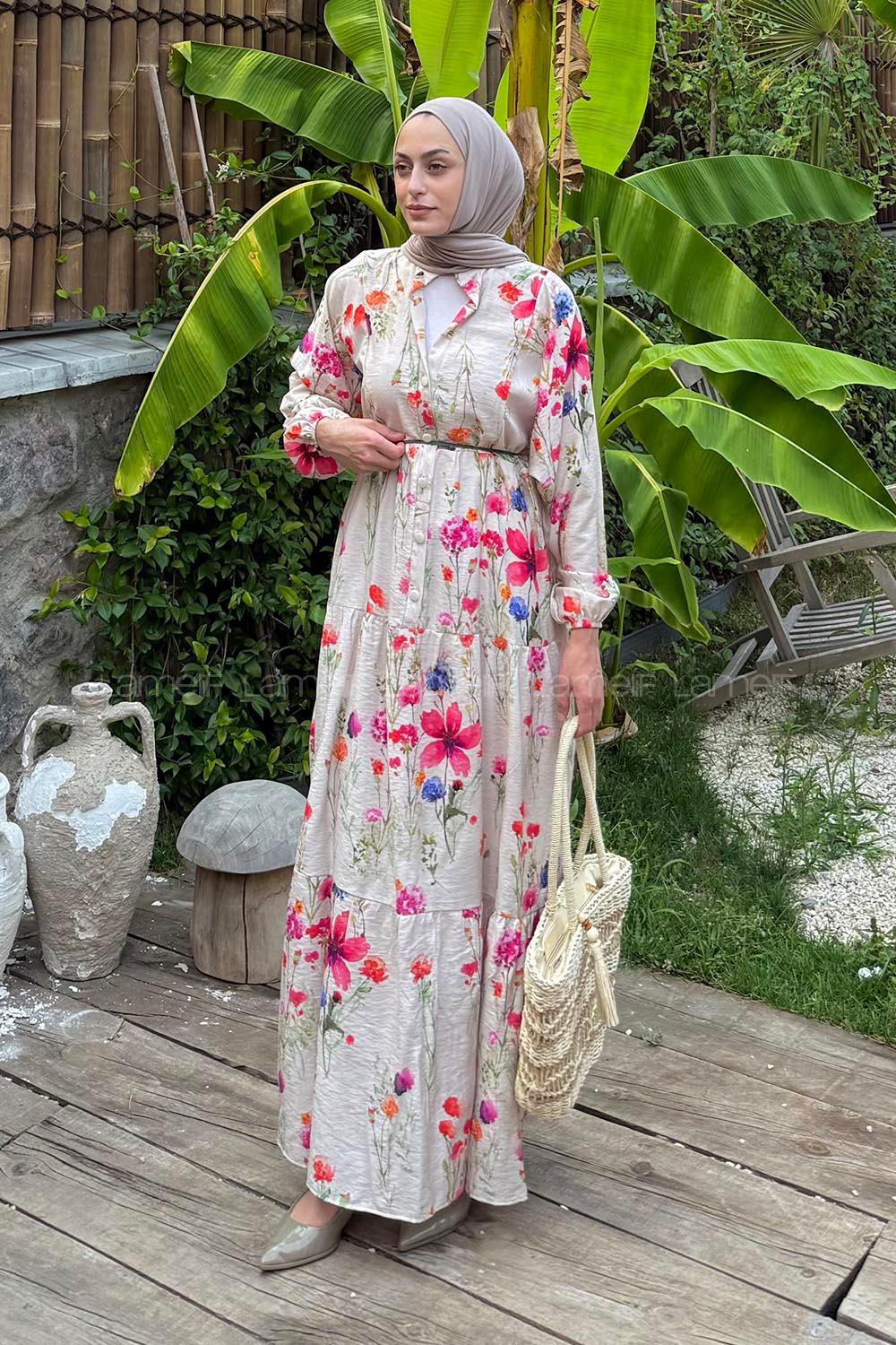 Lamelif Bohem Çiçek Desenli Tesettür Elbise Eflatun