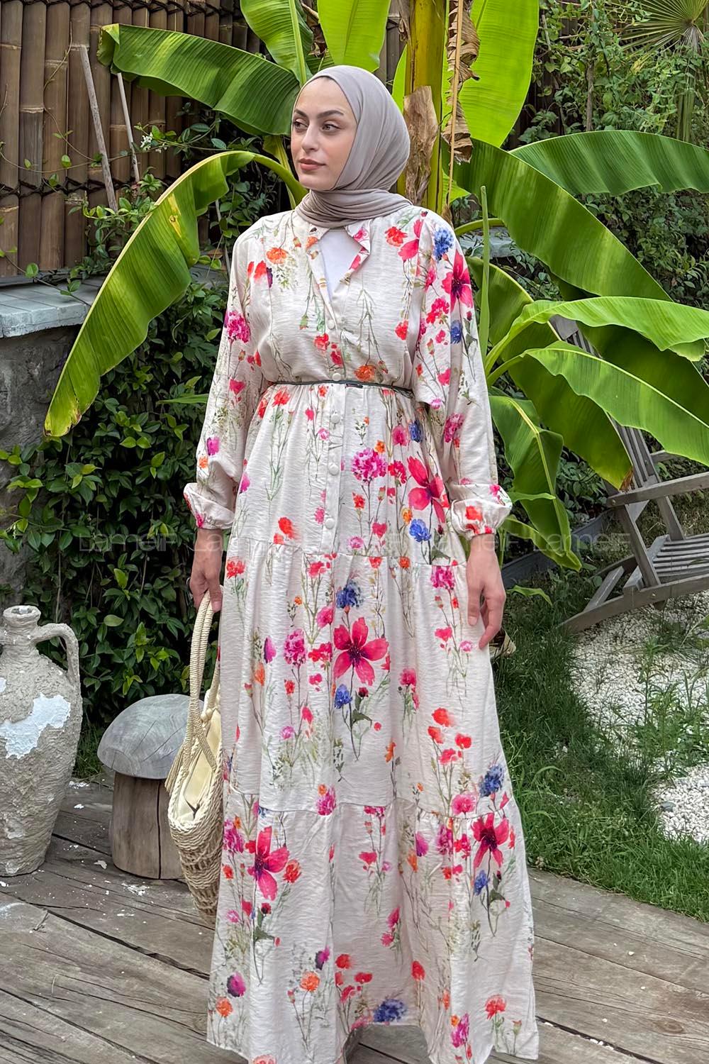 Lamelif Bohem Çiçek Desenli Tesettür Elbise Eflatun