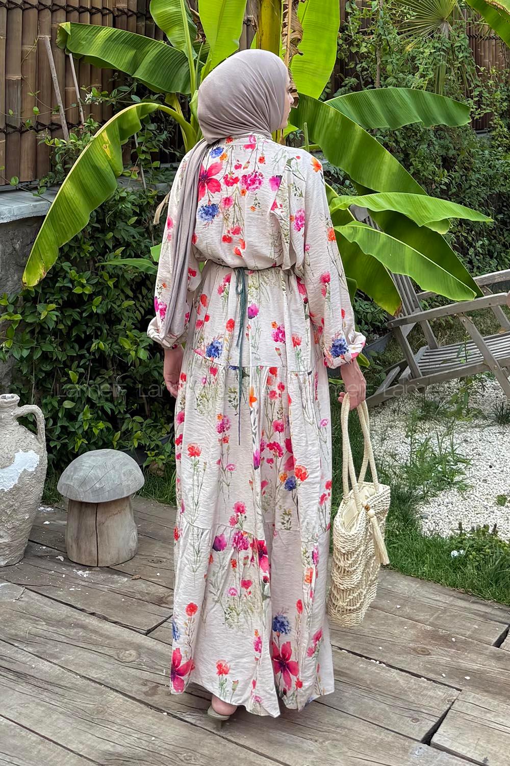 Lamelif Bohem Çiçek Desenli Tesettür Elbise Eflatun
