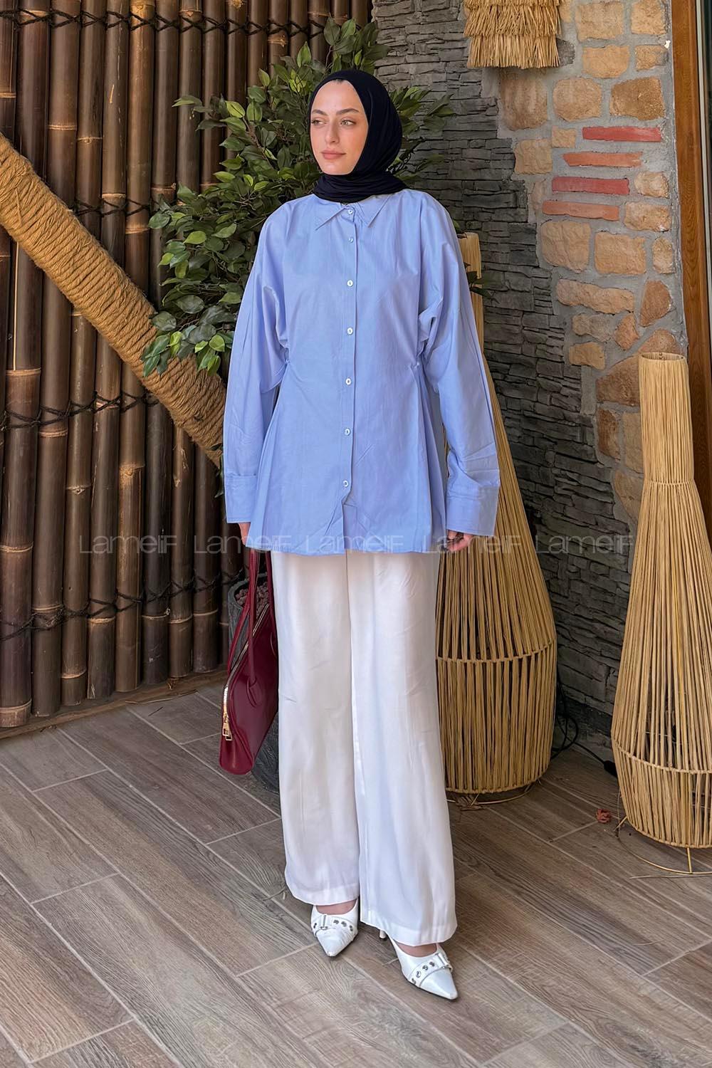 Lamelif Düğme Detaylı Tesettür Gömlek Mavi