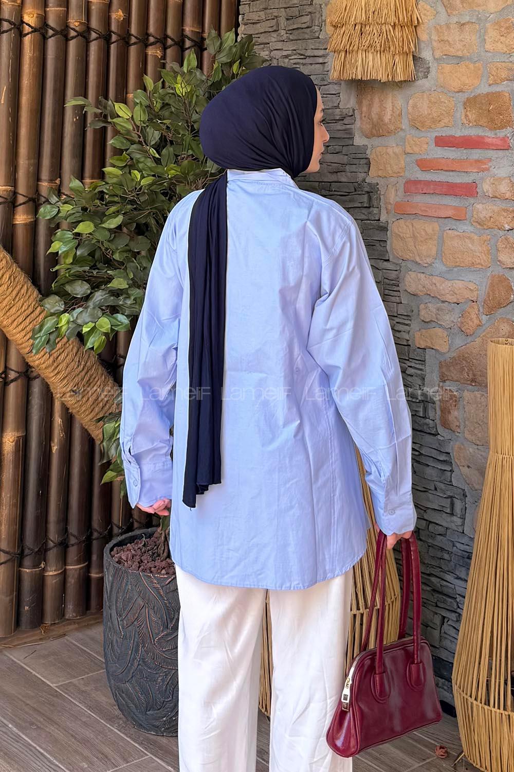 Lamelif Düğme Detaylı Tesettür Gömlek Mavi