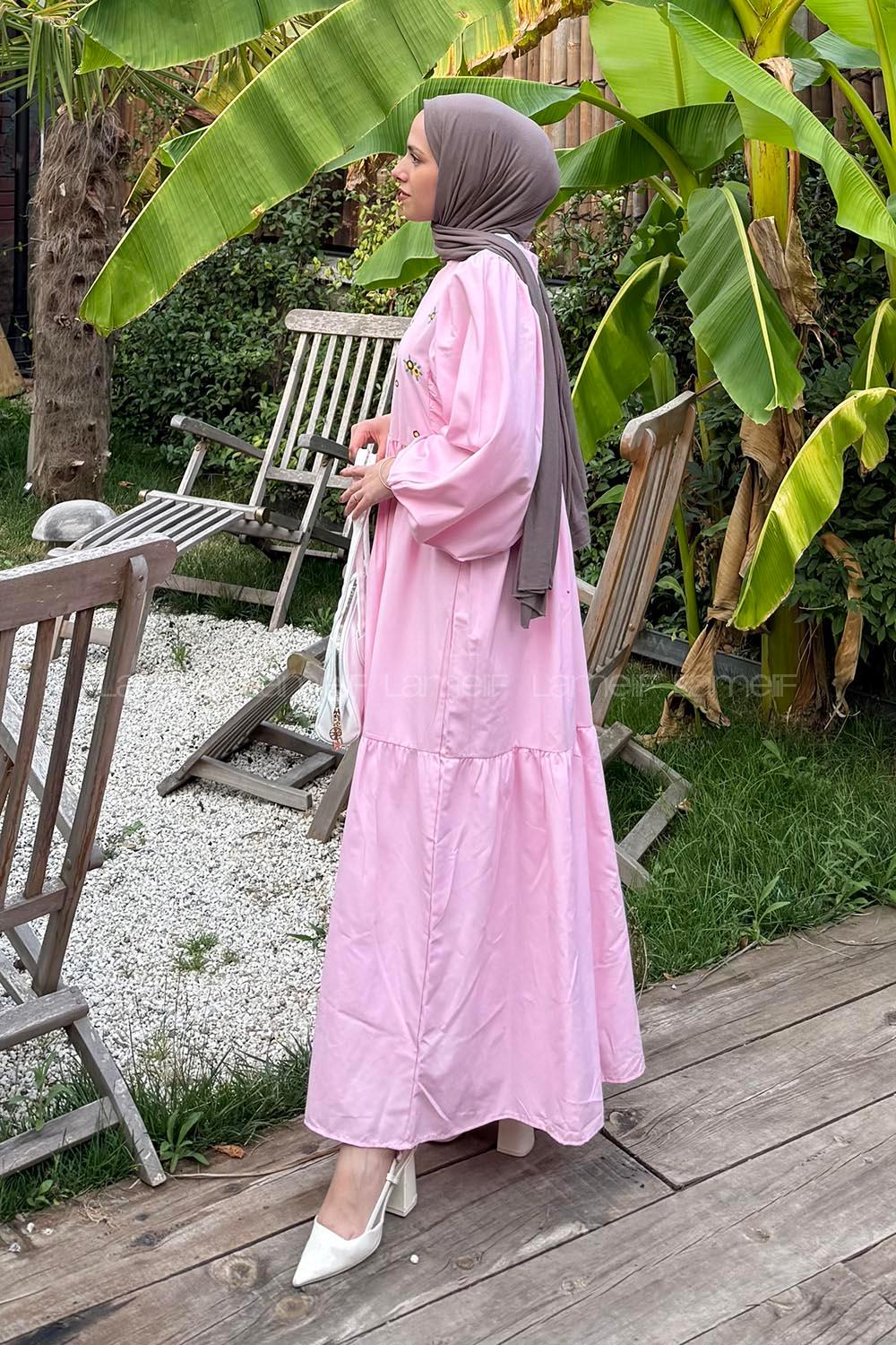 Candy Pink Crew Neck Cotton Printed Dresess