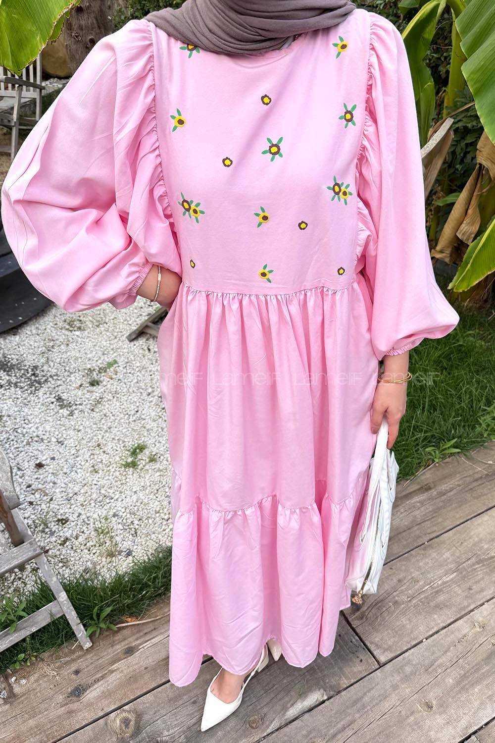 Candy Pink Crew Neck Cotton Printed Dresess