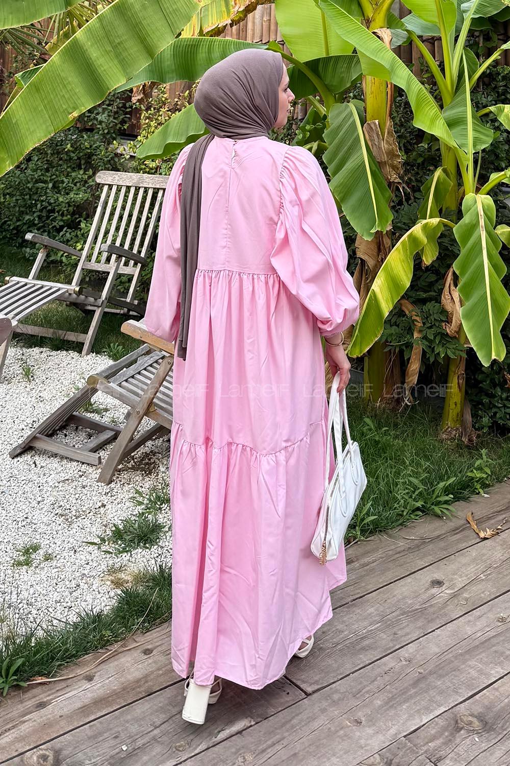 Candy Pink Crew Neck Cotton Printed Dresess